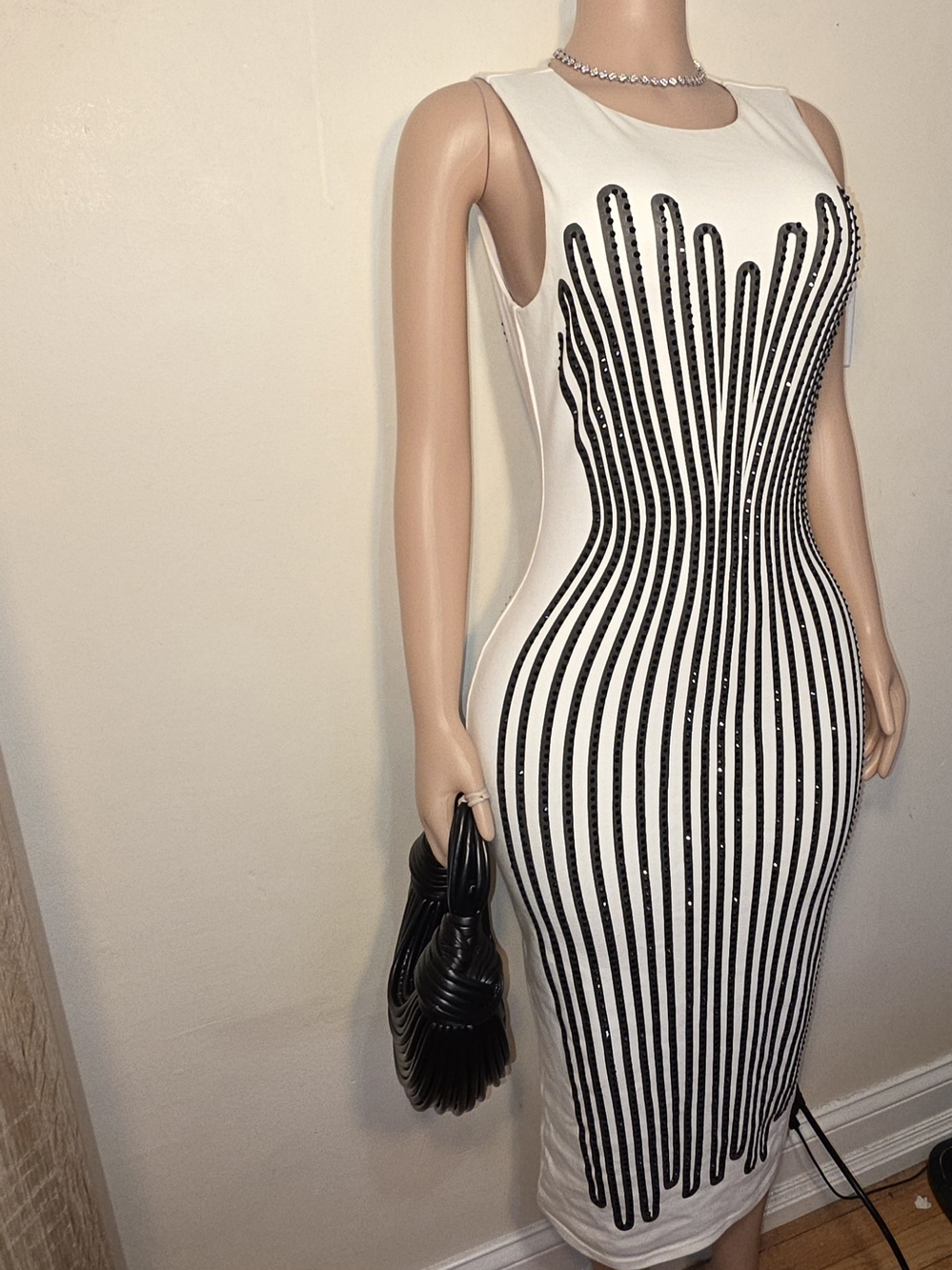 ☆AKIRA White Midi Dress with Black Rhinestone Sculptural Stripes☆ - Picture 2 of 5